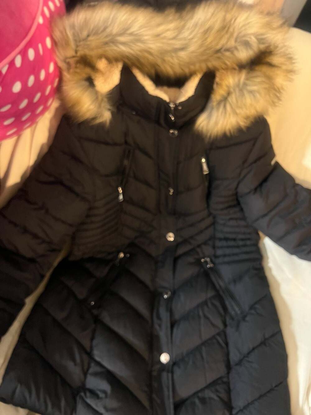 Laundry by Shelli Segal Women's Black Quilted Puffer Coat with Faux Fur Hood